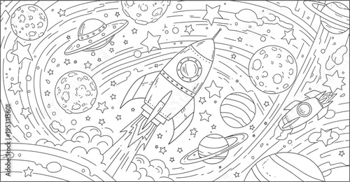 An intricate line drawing of a mystical figure surrounded by swirling patterns and shapes isolated on transparent background