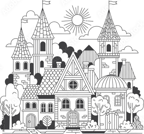 A black and white illustration of a fairy tale castle isolated on transparent background
