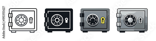 Four safes in row with keyhole details on dark metallic background
