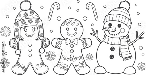 Three cheerful gingerbread men and a snowman isolated on transparent background
