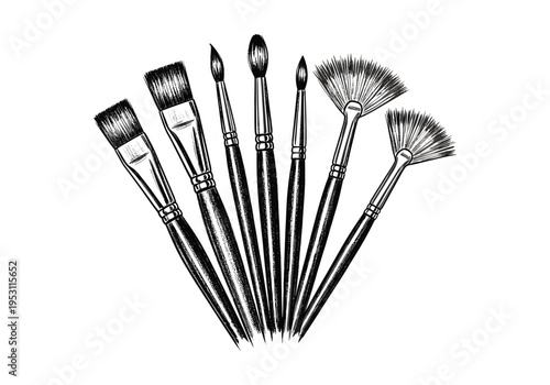 Collection of various artist paint brushes arranged in a fan shape on a white background