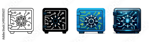 Four electronic safe icons with circuit designs on gradient background