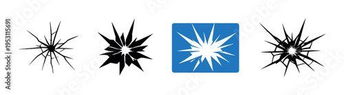 Four burst and cracked glass icons with central blue explosion