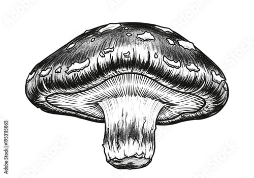 Detailed black and white illustration of a mushroom with gills and cap details