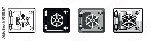 Safe vault icons in four styles on metallic gray background