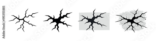 Cracks in surface silhouettes arranged in row on gray background