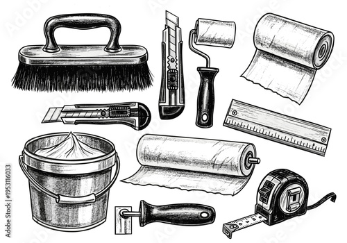 Collection of tools for wallpapering and home renovation projects