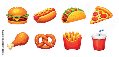 Assorted fast food items arranged in two rows on dark background