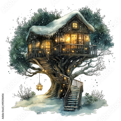 Watercolor snowy winter treehouse with warm glowing lights and lanterns
