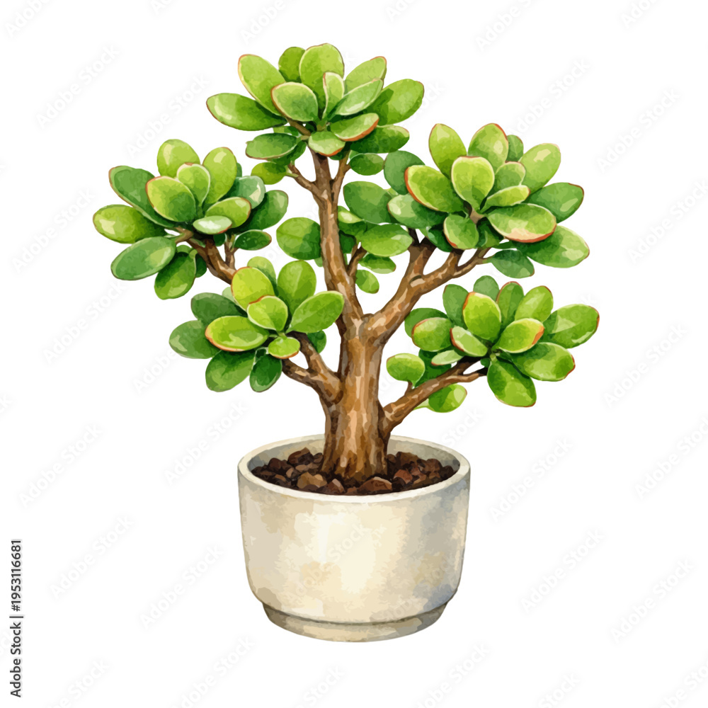 Obraz premium A watercolor jade plant in a ceramic pot, featuring thick green succulent leaves and a woody stem in a decorative indoor plant style, isolated on a transparent background.