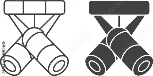 Cross spotlight vector, line art and solid black, X-shaped lighting setup, cylindrical spotlights, geometric diagram style, clean minimalist illustration, isolated background