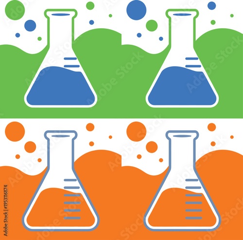 Laboratory experiment icon set with colorful chemical flasks for science education research and medical laboratory design