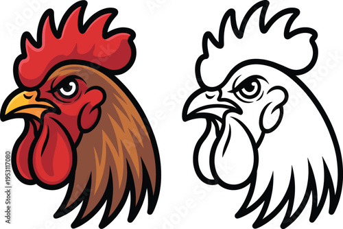 Rooster chicken head illustration set with farm animal icons for agriculture branding poultry farming and food industry visual graphics design