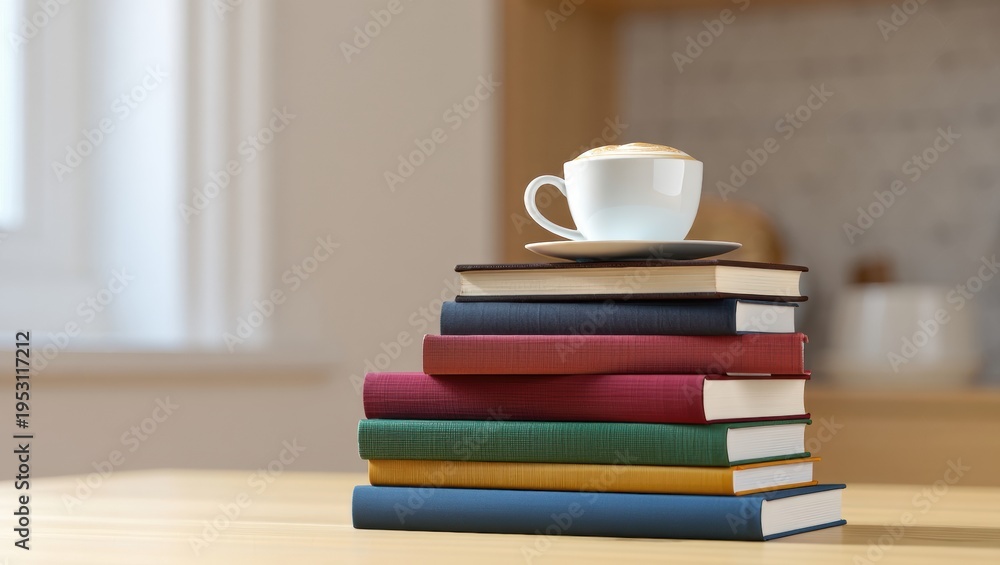 Fototapeta premium Cozy Reading Moment: Stack of Books with Coffee