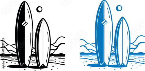 Surfboards standing on the beach with seaweed and a frisbee in the air