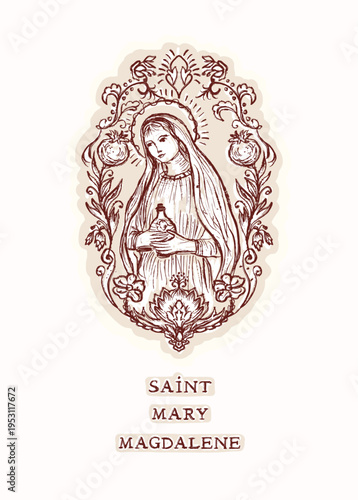 Beautiful hand drawn Saint Mary Magdalene of Madgdala frame illustration. Isolated flat vector christian greetings card design.Black and white Easter holy week prayer, catholic pilgrimage blessing