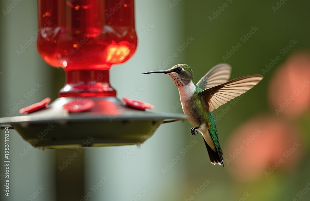 Naklejka premium Small hummingbird hovers near red feeder, wings blurred in motion. Bird drinks nectar from container. Green background with soft orange bokeh adds natural beauty.