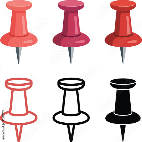 Push pin icon set collection with colorful office stationery symbols for organization planning and workspace productivity