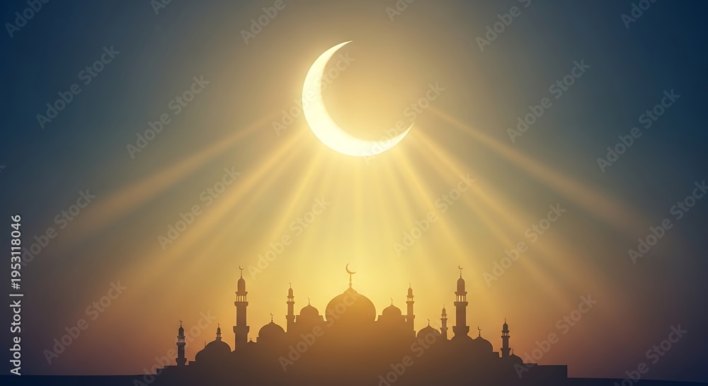 Obraz premium Crescent moon over mosque silhouette at sunset with sun rays
