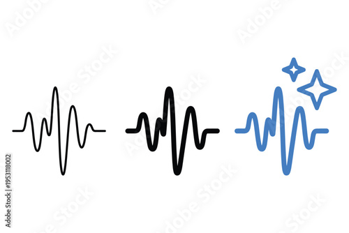 Set of audio waveform line icons with magic sparkle stars for smart voice enhancement