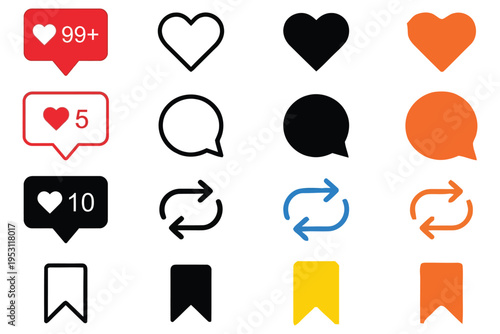 Set of social media interface icons including like comment share and save in outline and solid styles