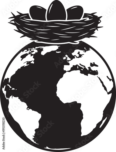 Birds nest with three eggs resting on top of planet earth globe silhouette symbolizing new life birth and environmental nurturing of global species