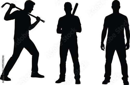 Group of Male Silhouettes Holding Weapons Like Crowbar and Baseball Bat Standing in Aggressive Poses for Crime and Security Concept
