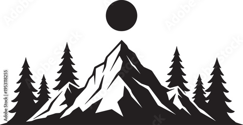 Mountain landscape with pine trees and moon, black silhouettes of nature scene, night sky, outdoor environment, vector illustration