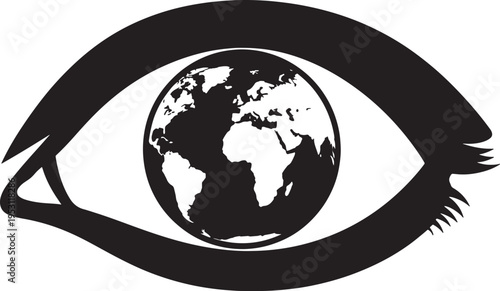 Global vision concept with an eye containing world map, vector illustration of environmental awareness, international connection