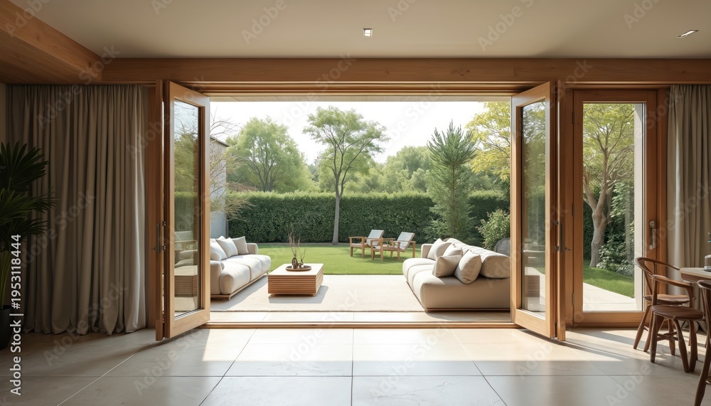 Fototapeta premium Open bi-fold wood doors lead to minimalist living room. Contemporary sofas face garden with green lawn, trees, and outdoor chairs. Bright sunny day provides natural light.