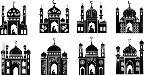 Collection of eight black mosque silhouette icons featuring intricate domes minarets and praying figures for Islamic holidays Ramadan and Eid celebration