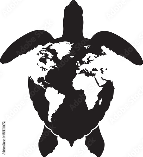 World map on turtle vector graphic illustrates earth's continents depicted on a sea turtle shell representing global environmental concepts