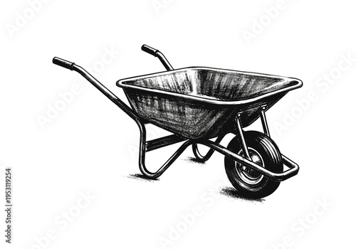 Detailed sketch of a single-wheeled garden barrow on a white background