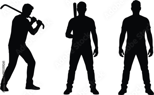 Silhouette of Men in T-shirts and Jeans Holding a Crowbar and Baseball Bat Standing in Aggressive and Neutral Poses Set