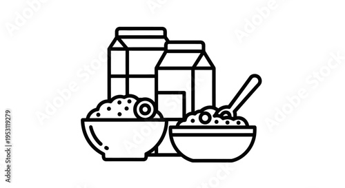 line art illustration of two bowls of breakfast cereal with milk cartons and a spoon representing a healthy morning meal