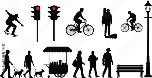 Silhouettes of People Walking Dogs Cycling Skateboarding and Street Elements with Traffic Lights Food Cart Bench and Lamp Post Vector