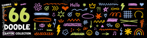 Crayon scribble elements, brush lines doodle set. Chalk kids pencil shapes, check marks, arrows, stars and hearts in sketch style. Hand drawn vector illustration isolated on black background