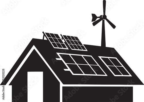 A house with solar panels and a wind turbine on its roof representing sustainable energy and eco-friendly living