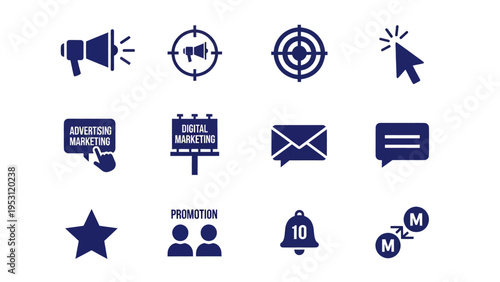 Marketing and advertising icons on white background