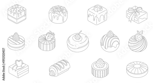 a collection of various dessert illustrations and sweet pastries depicted in a minimalist outline style perfect for bakery branding or menu design
