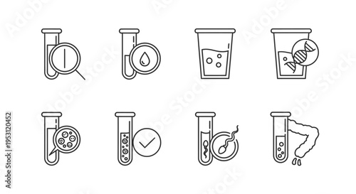medical laboratory diagnostic tests line icons collection illustrating various health examinations and scientific analysis concepts.