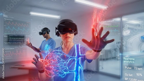 Medical professionals wearing vr headsets and haptic gloves interacting with a holographic model of the human circulatory system, analyzing data on futuristic displays in a modern laboratory