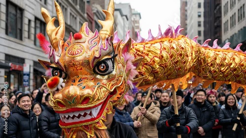 Large golden chinese dragon dancing through a crowded street during a vibrant lunar new year parade. People in the background are watching and smiling at the traditional celebration of the holiday