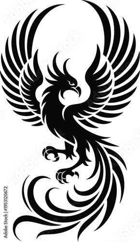 Phoenix rising bird vector illustration with spread wings, mythological fire bird symbol of rebirth, power and transformation, black silhouette design