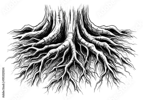 Detailed black and white illustration of a tree's strong, exposed root system spreading outwards