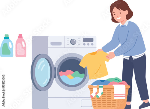 Woman putting clothes in washing machine.