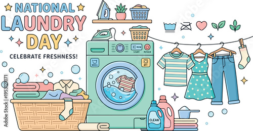 Washing machine with clothes and detergent.