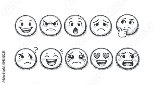 Collection of hand-drawn emoticons expressing a wide range of emotions and feelings