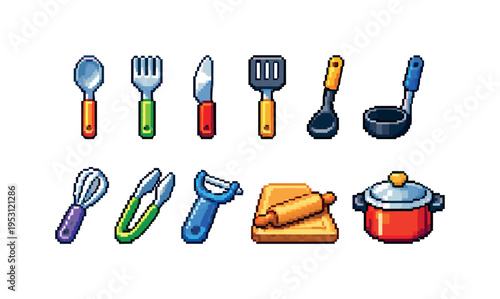Pixel art collection of colorful kitchen utensils and cooking tools