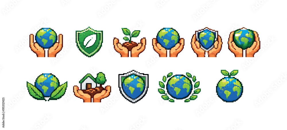 Fototapeta premium Pixel art icons representing Earth care, sustainability, and environmental protection